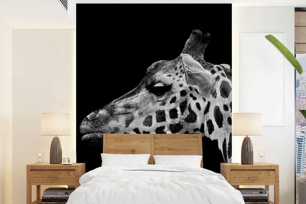 MuchoWow Fototapete für Wohnzimmer oder Schlafzimmer Wandtapete Vinyl Motivtapete Tiere - Giraffe - Schwarz - Weiß - 160x220 cm - Bildschirmhin...