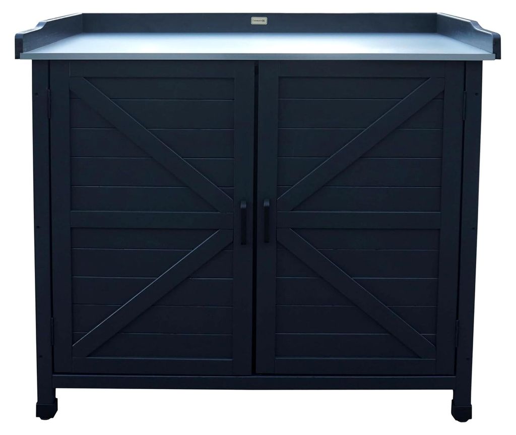 Gartenschrank mit Arbeitsplatte ausMassivholz – anthrazit, wetterfest und styroporfrei verpackt