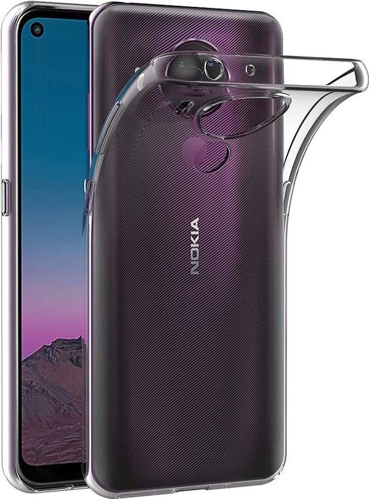 A clear protective case is shown on the back of a purple Nokia smartphone.