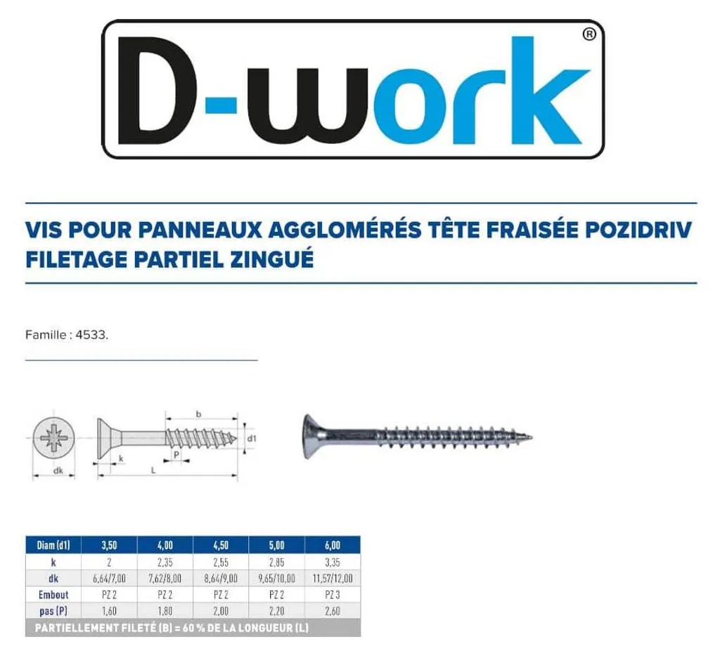 100 Vis à bois D-Work 6x180 mm Tête Fraisée Pozidriv Acier Zingué Blanc