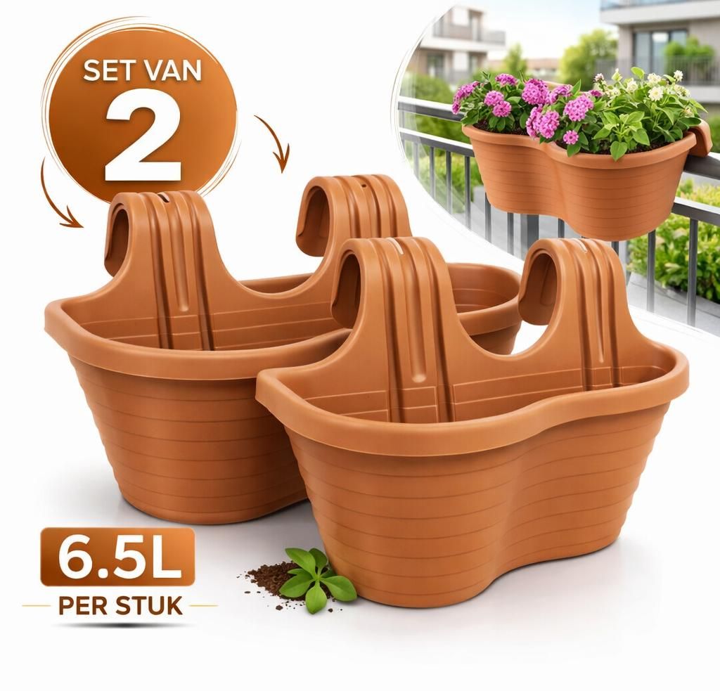 CAMELLIA Doppelter Hängeblumentopf – 6,5 l – 2er-Set – Balkonpflanzgefäß – Terrakotta – Für Geländer – 33 x 37 x 25 cm