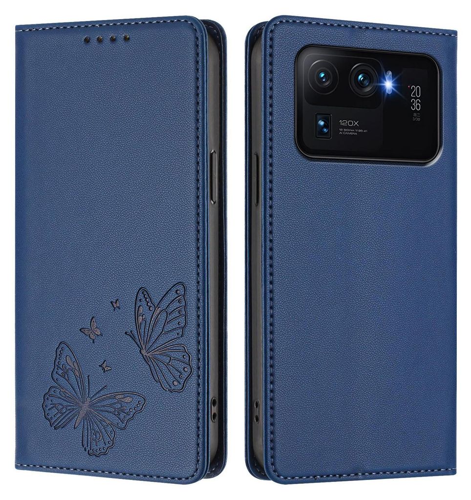 Lederhülle für Xiaomi Mi 11 Ultra, Schmetterling Prägung Leder Brieftasche Schutzhülle mit Ständer Dunkelblau