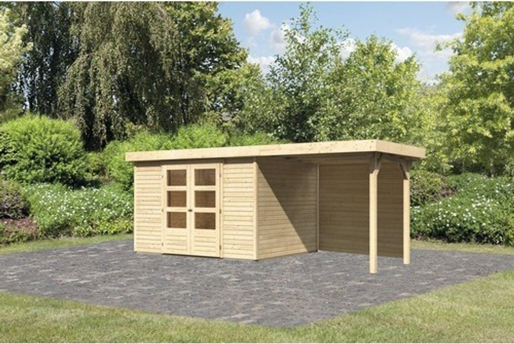 Gartenhaus Karibu Kodiak 5 inkl. Schleppdach 2,4 m und Rückwand 554 x 262 cm natur