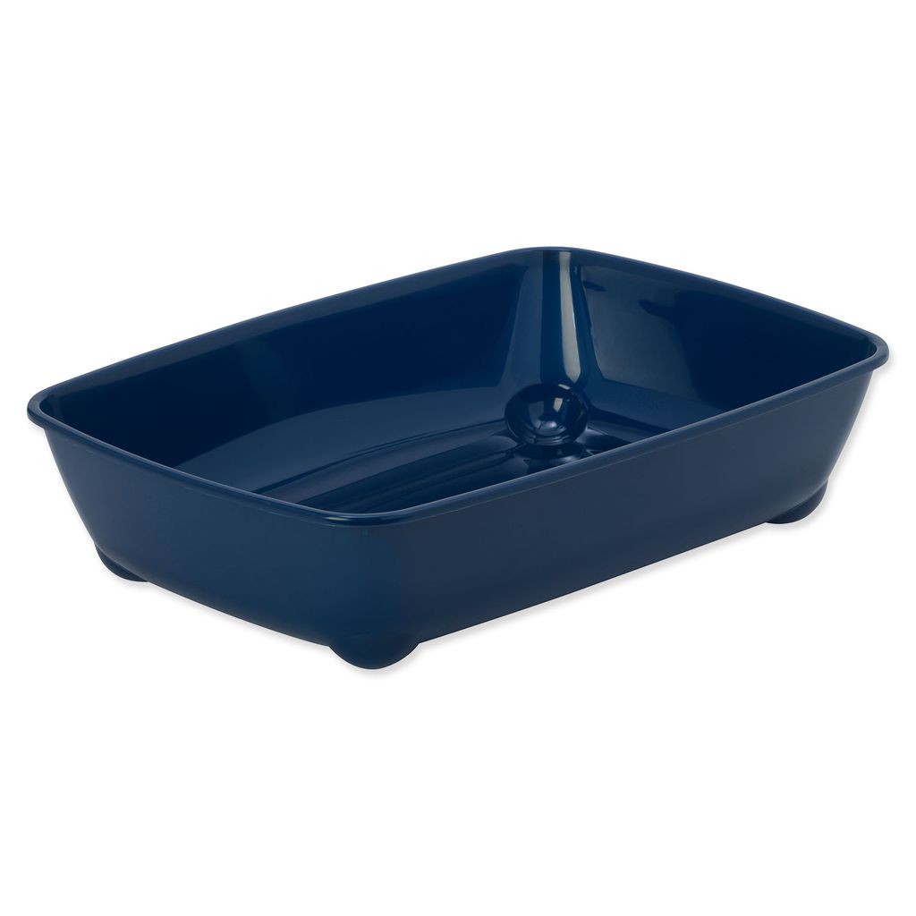 A dark blue cat litter box with three small legs is shown from a slightly elevated side angle against a white background.
