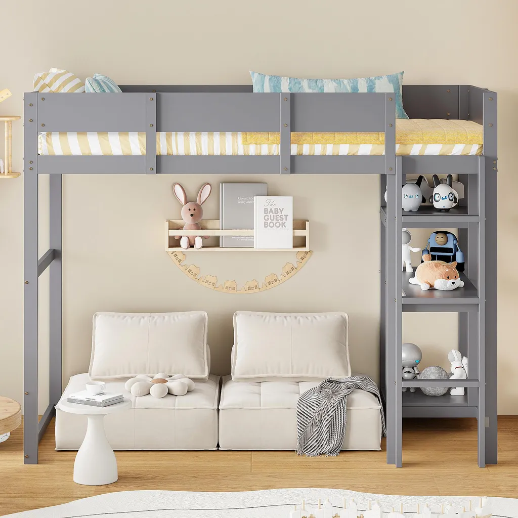 Lit mezzanine enfant 90x200 cm en bois gris avec escalier de rangement