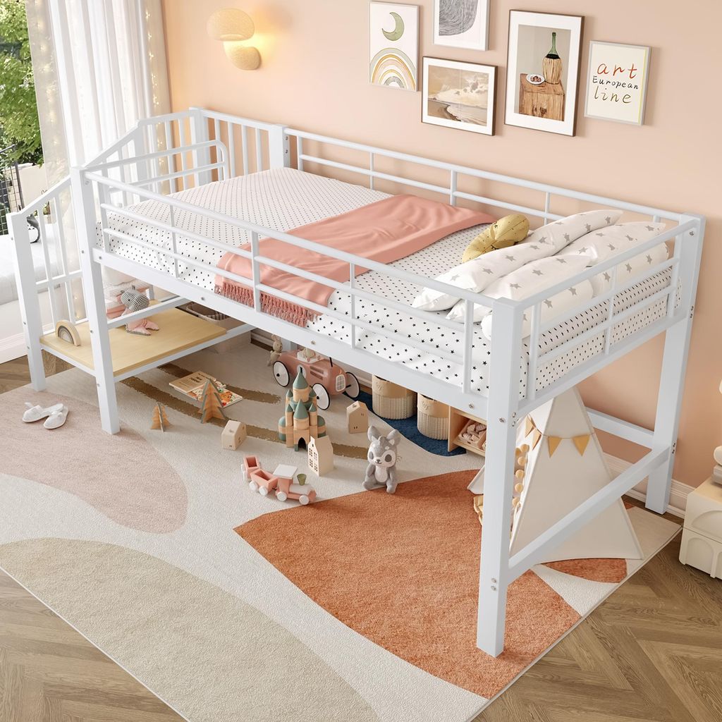 Metall Hochbett 90x200 cm Halbhoch Kinderbett mit Stauraumtreppe & Lattenrost, Stabiles Etagenbett Platzsparend für Kinder & Jugendliche, Geräusc...