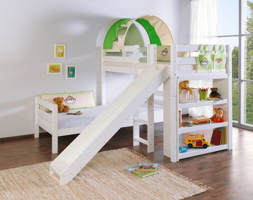 Etagen- bzw. 2. Einzelbetten Beni Buche massiv Weiß lackiert mit Rutsche 90x200