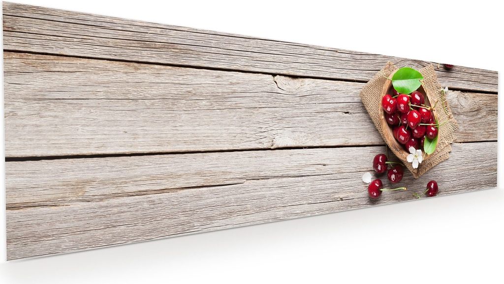 Glasbild Wandbild Kirschen auf Holztisch 120x40cm in XXL für Wohnzimmer, Schlafzimmer, Badezimmer, Flur