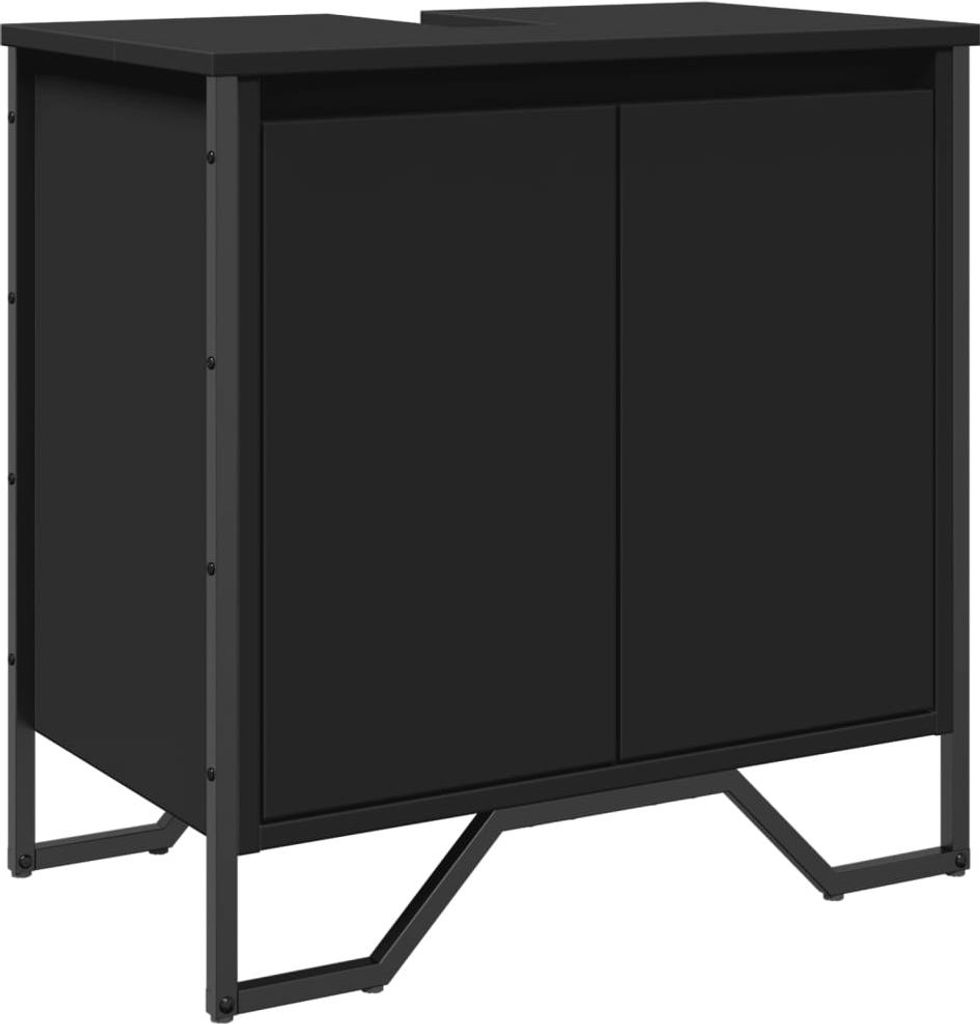 A black cabinet with two doors and a metal frame.