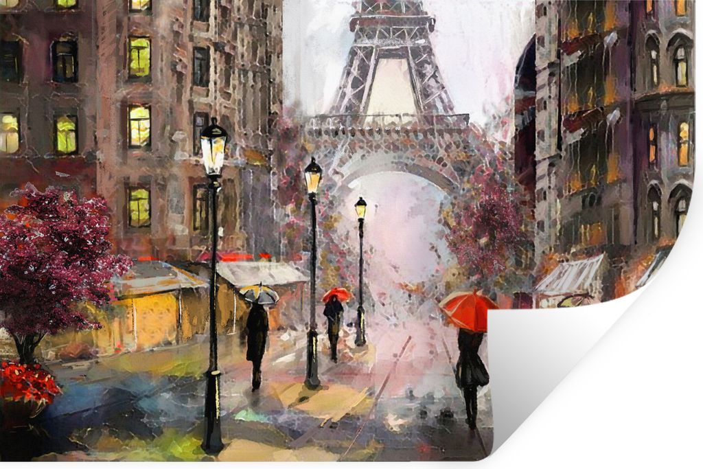 MuchoWow Wandtattoo Wandsticker Wandaufkleber Gemälde - Paris - Eiffelturm - Regenschirm - Ölgemälde 90x60 cm Selbstklebend und Repositionierb...