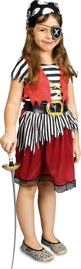 K31250497-140-152-A rot-weiß-schwarz Kinder Mädchen Piraten Kleid Kostüm Piratin Gr.140-152