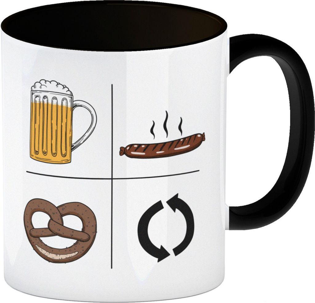 Bier, Wurst, Brezel, Repeat Kaffeebecher Schwarz