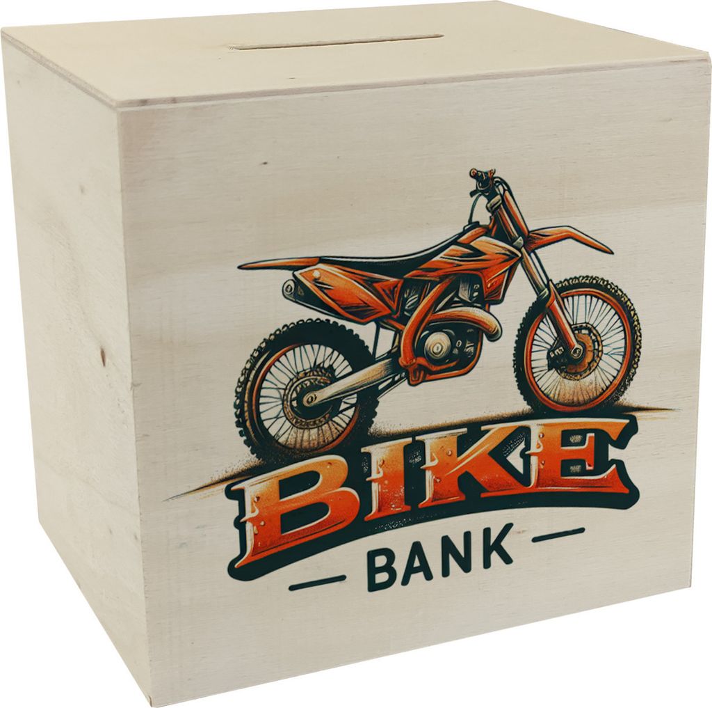 Motocross-Motorrad Spardose aus Holz mit Spruch Bike Bank Produktbild 