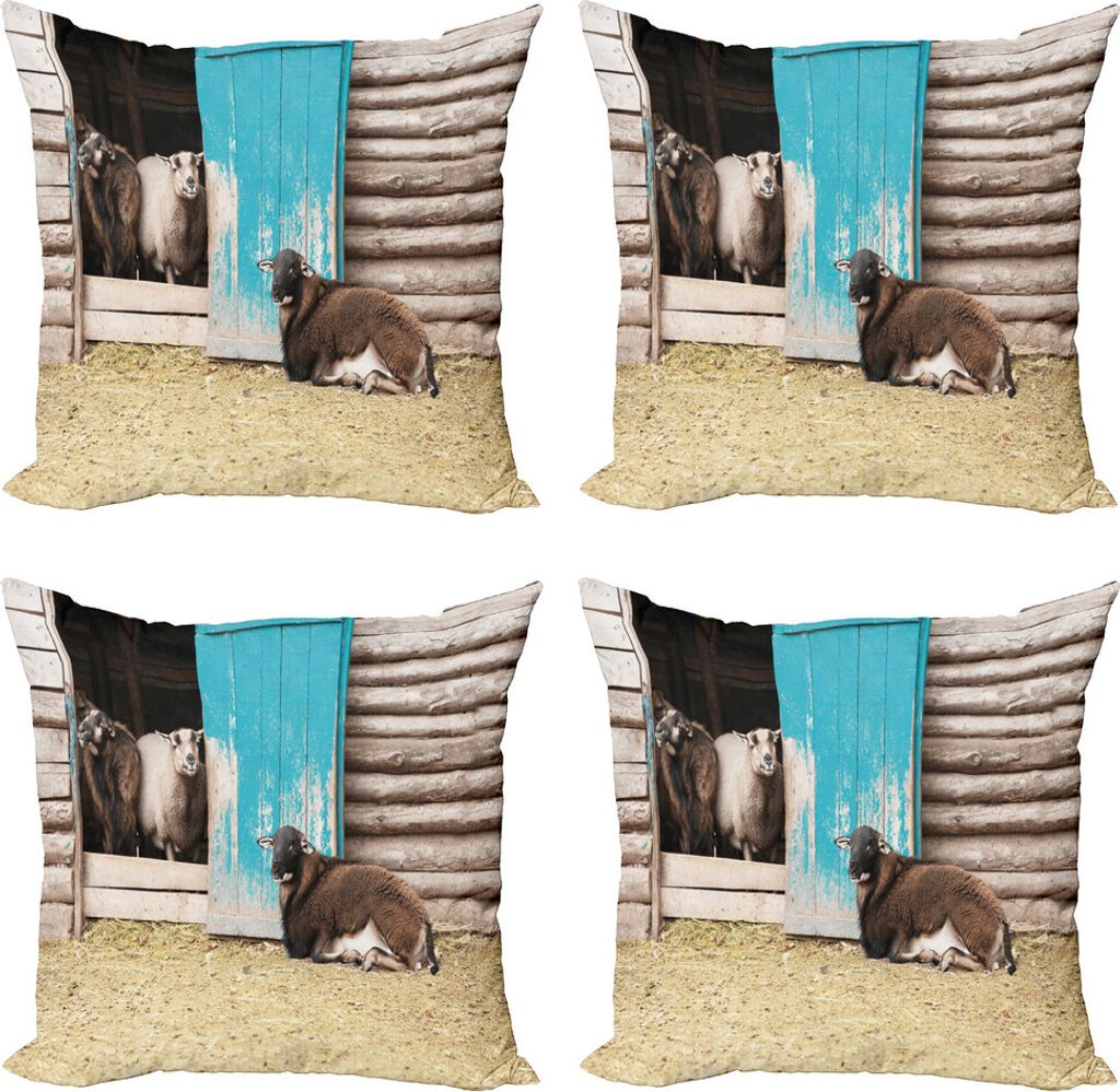 ABAKUHAUS Bauernhoftier Kissenbezug Set (4 Stück), Schafe in der Hütte, Moderner Doppelseitiger Digitaldruck, 50 cm x 50 cm, Mehrfarbig