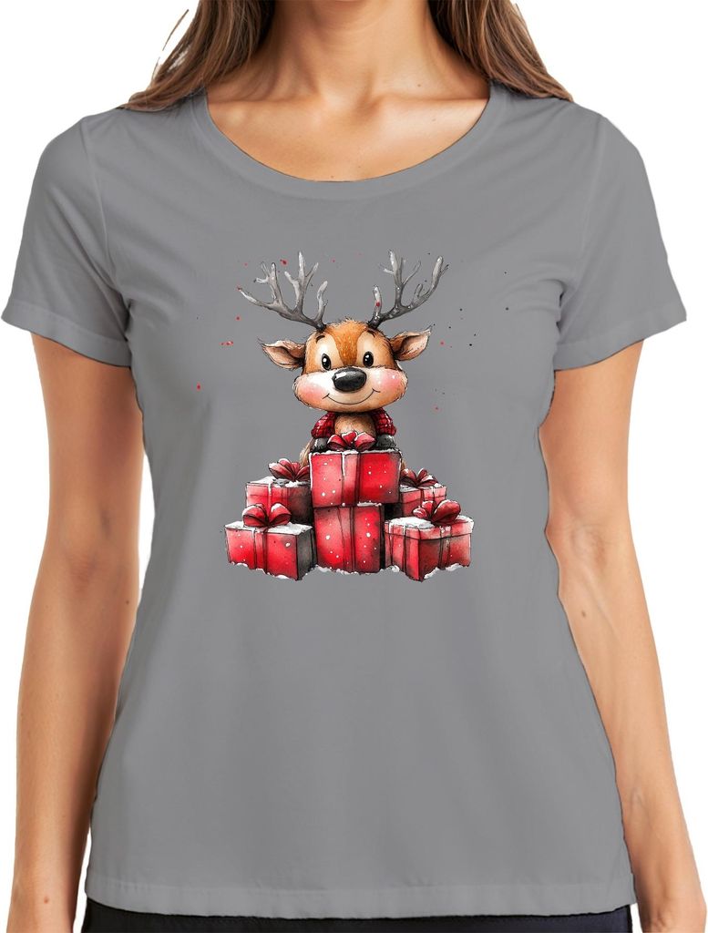 Weihnachten Rentier mit Geschenken niedlich Aquarell Kinder Damen T-Shirt, Grau, XL