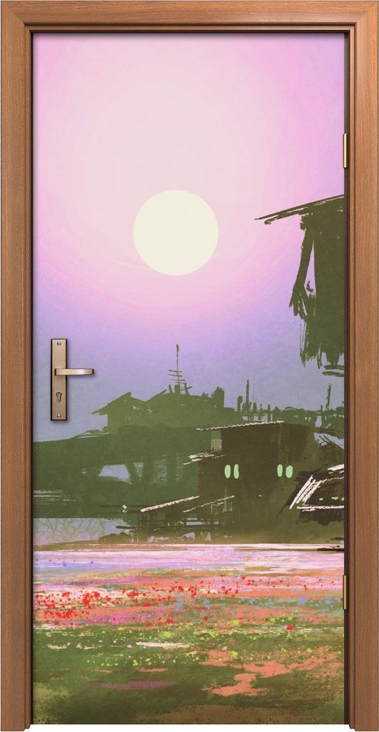Türposter 90x200 cm Türaufkleber Türtapete Türfolie Klebefolie Fabrik Industrie Sci-Fi Feld Blumen