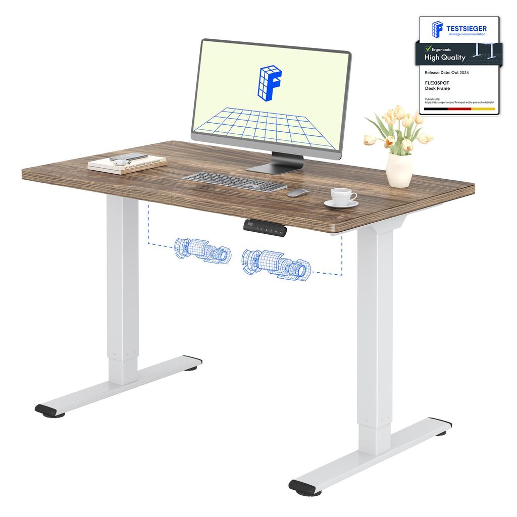 A standing desk with a computer, keyboard, and a cup of coffee on it. Diagrams of the desk's lifting mechanism are shown below the desk. A quality certification badge is in the top right corner.