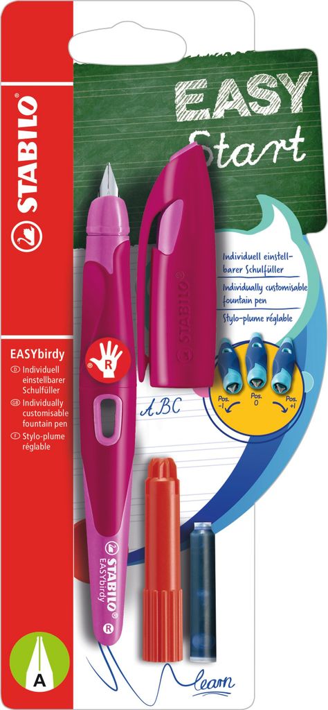 Ergonomischer Schulfüller für Rechtshänder mit Anfänger-Feder A - STABILO EASYbirdy in beere/pink - Einzelstift - Schreibfarbe blau (löschbar)...
