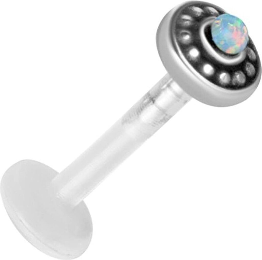 Karisma Labret Bioplast Transparent Lippen Piercing Aufsatz Tribal 4mm Edelstahl Opal Stein Weiss - Länge 6mm