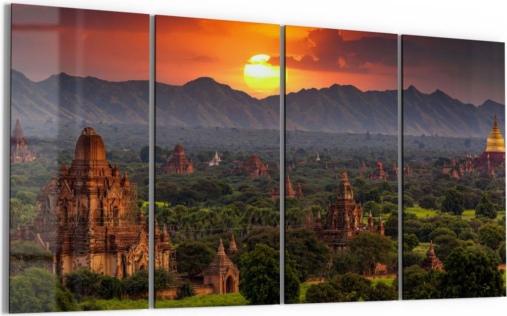 DEQORI Glasbild Echtglas 4x30x60 cm 'Tempel in Bagan' Wandbilder XXL groß