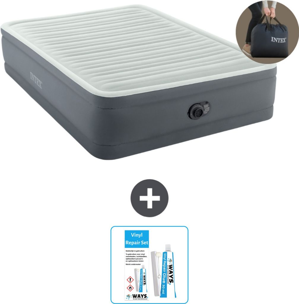 Intex Luftbett - 2 Personen - 152 x 203 x 46 cm - Grau - Inklusive Pumpe - Reperaturset