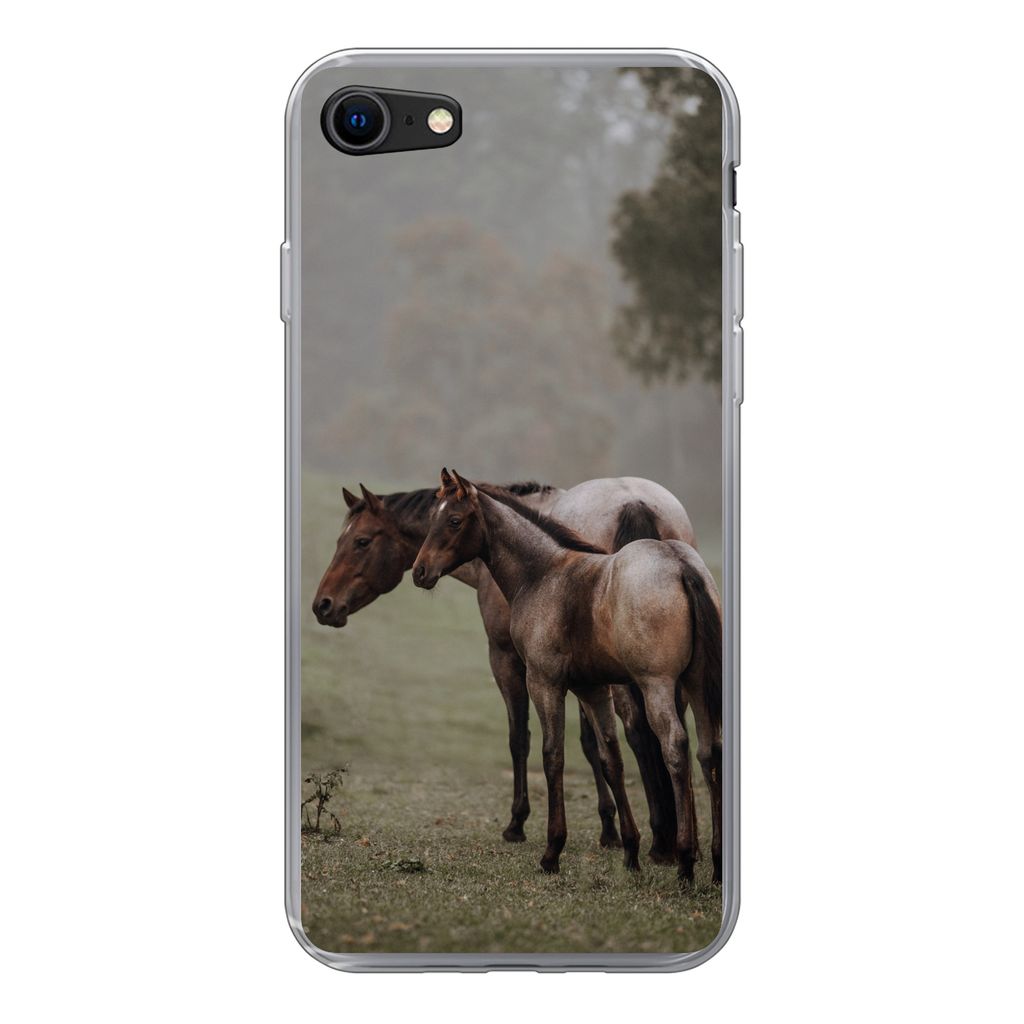 MuchoWow Handyhülle Schutzhülle Hülle für iPhone 8 Pferde - Natur - Nebel Silikon Softcase Handy Hülle - Schutzhaube