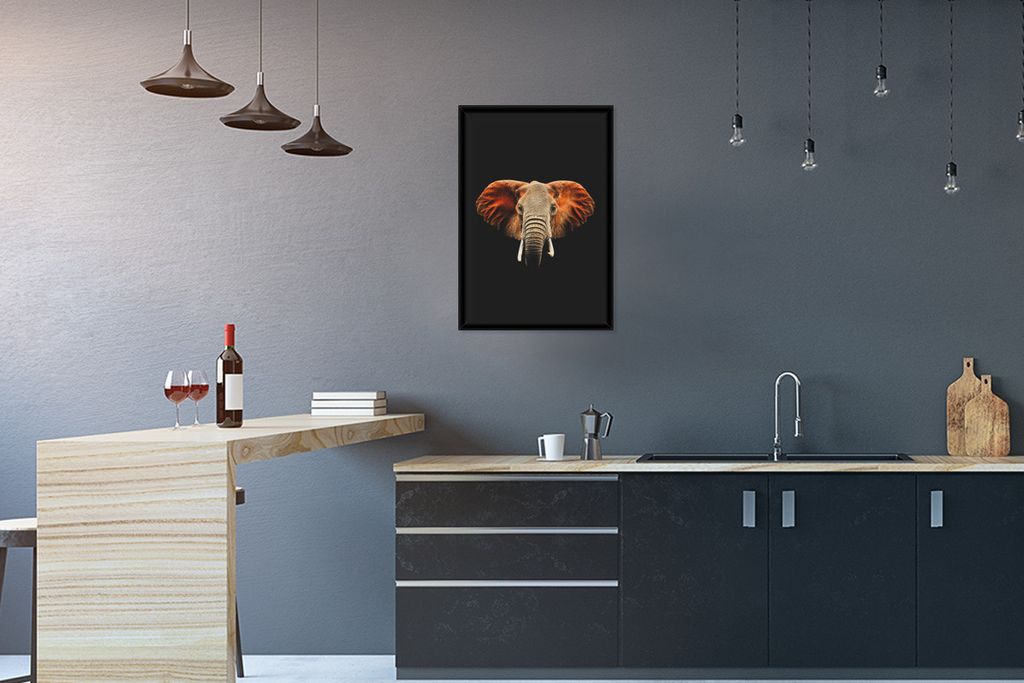 MuchoWow MuchoWow Gerahmtes Poster Elefant - Schwarz - Kopf 40x60 cm - Poster mit zchwarzem Bilderrahmen - Papierdruck - Wandbilder