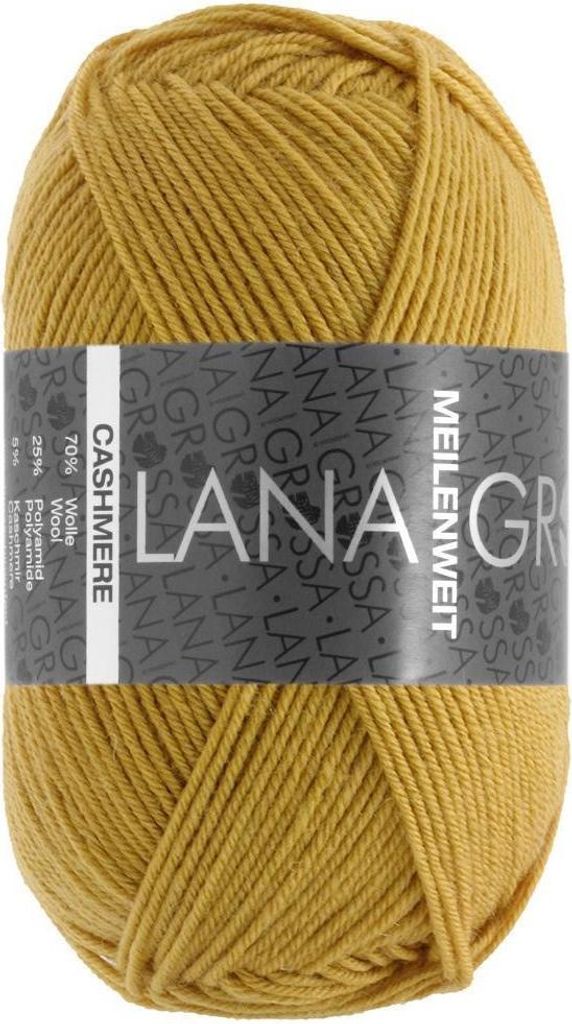 A ball of yellow yarn with a gray label.