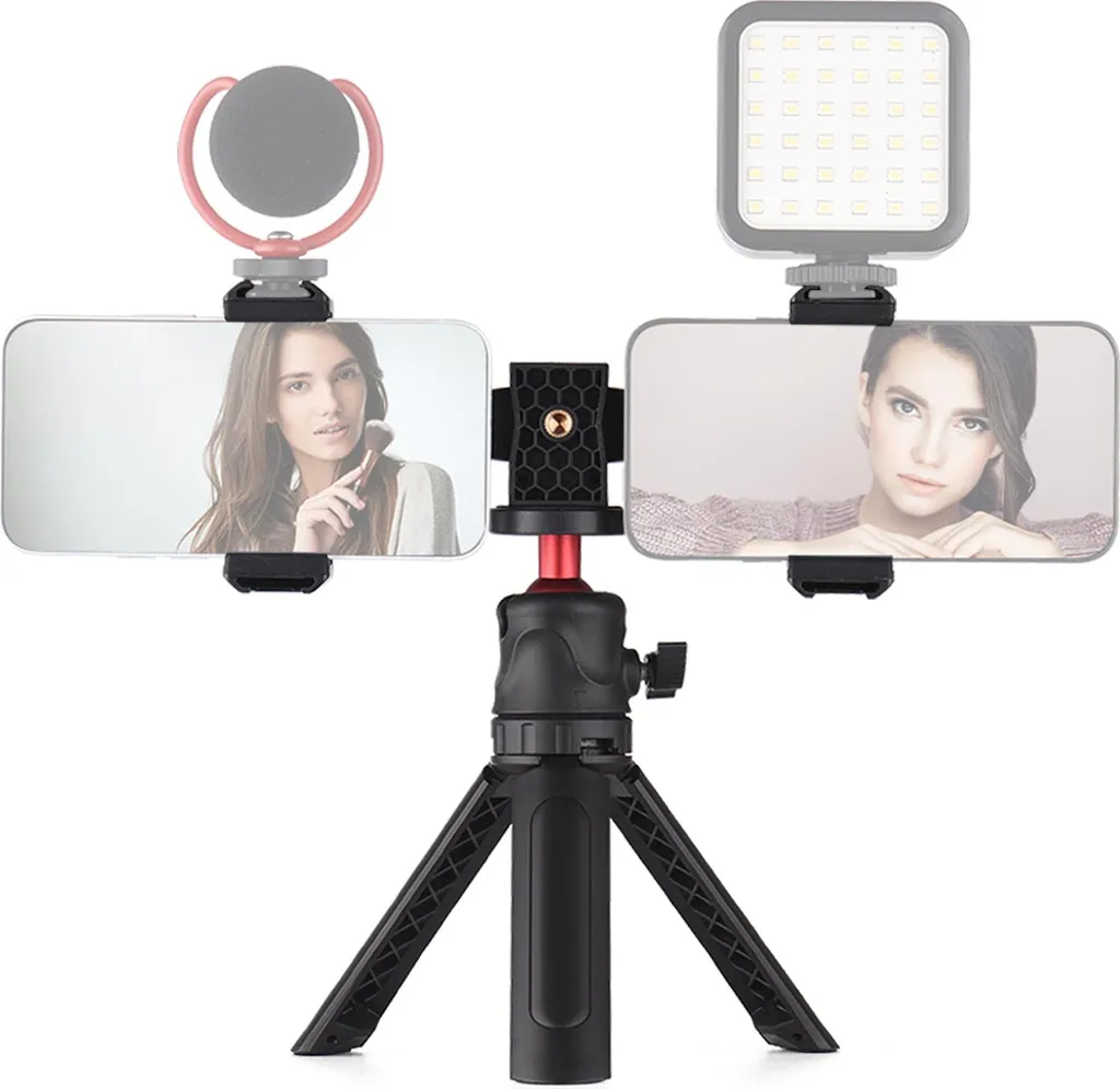 Set video multifunzionale per smartphone Andoer, comprensivo di supporto universale per treppiede per cellulare con due attacchi, 4 attacchi a slitta fredda + desktop per vlog, live streaming, lezioni online - 5