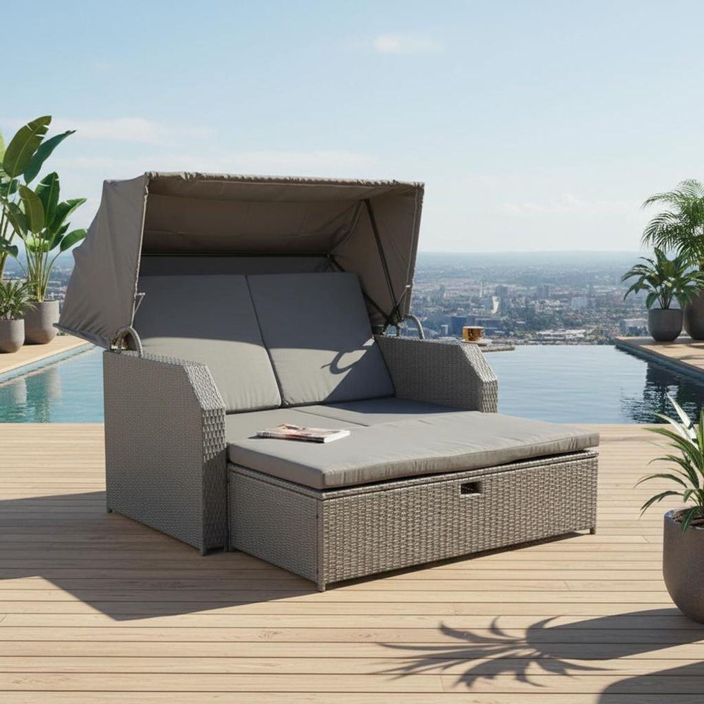 Strandkorb Sonnenbett Polyrattan Grau mit Dach & Kissen Produktbild 
