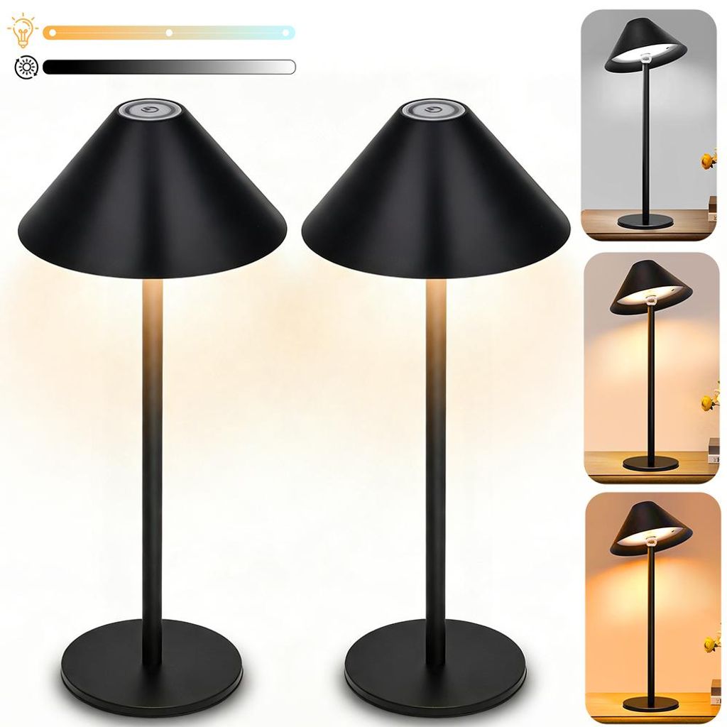 Akku Lampe 2er-Set Touch Dimmbar Kabellos Nachttischlampen LED Tischlampe Schwarz 360° Magnetisch für Indoor Outdoor Nachttisch Terrasse Restaurant