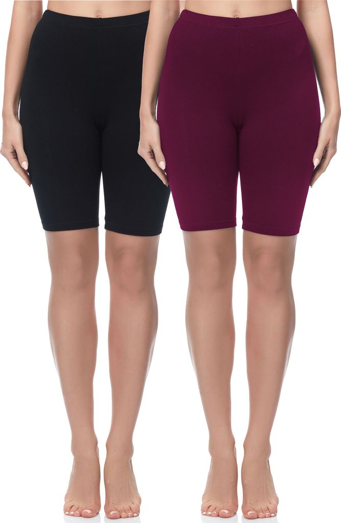 Merry Style Damen Kurze Leggings aus Baumwolle 2 Pack MS10-200 (Schwarz/Weinrot(2Pack), S)