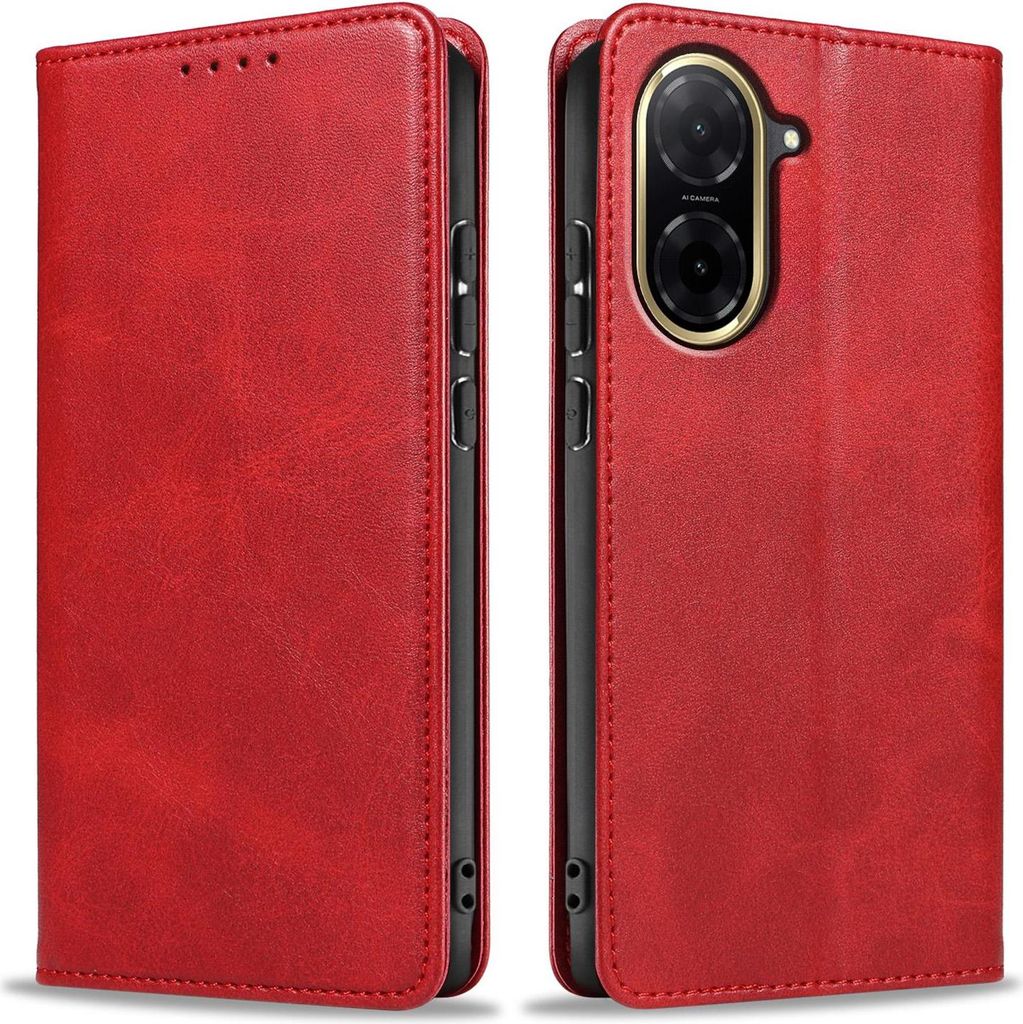 Two views of a red flip phone case.