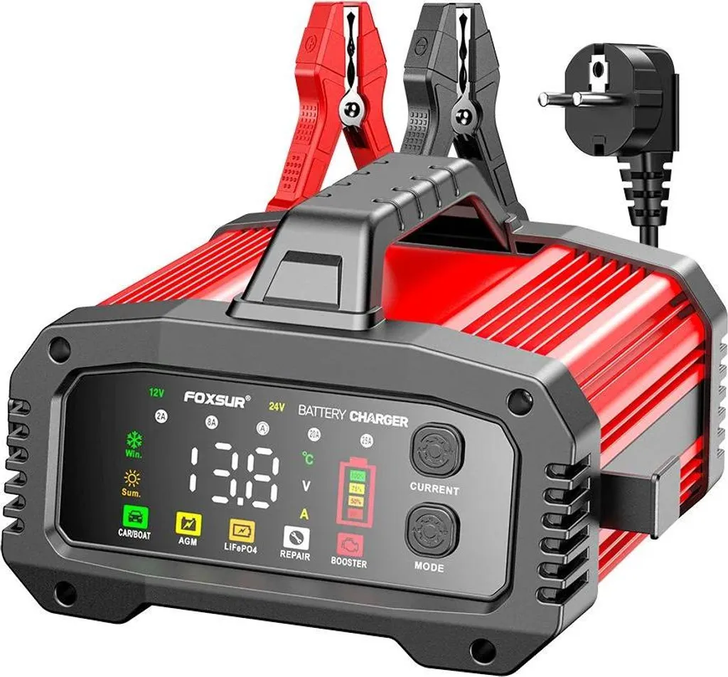 Caricabatteria Auto Rosso Intelligente - Riparazione Batterie 8 Fasi