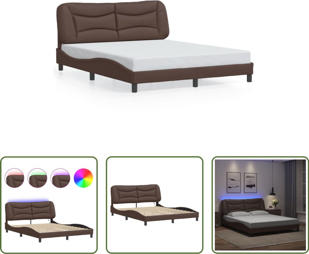 The Living Store Bettgestell mit LED Braun 160x200 cm Kunstleder