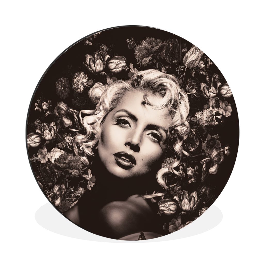 MuchoWow Aluminium Wandkreis Blumen - Schwarz - Weiß - Frau Ø 90 cm Wanddeko Modern Wohnzimmer - Mauerkreis - Wandbilder - Runde Bild - Bild au...