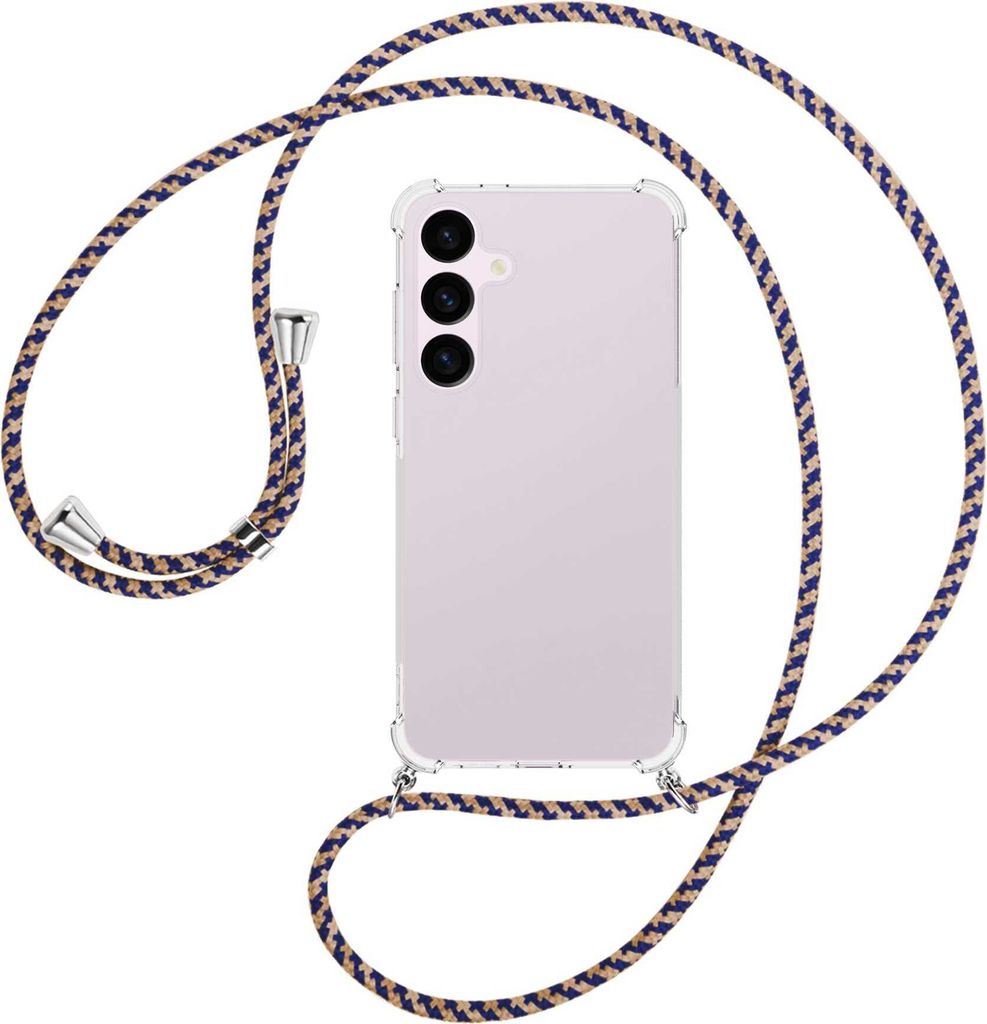 Handykette Backcover-Schutzhülle mit Band (Metall silberfarben) für Samsung Galaxy S24 Plus - blau+beige