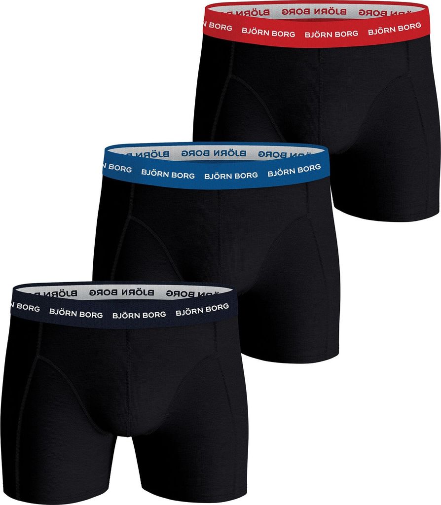Bjorn Borg boxershorts Essential (3-pack), heren boxers normale lengte, zwart met gekleurde tailleband