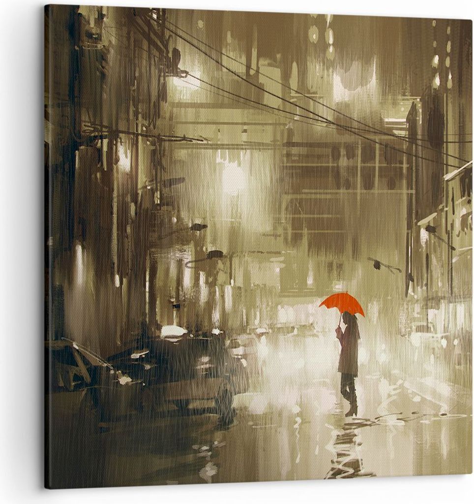 Bild auf Leinwand - Leinwandbild - Illustration Katastrophe Städtische Straße Regen - 50x50cm - Wand Bild - Wanddeko - Leinwanddruck - Bilder - K...