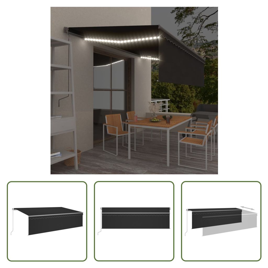 The Living Store Markise Manuell Einziehbar mit Rollo & LED 5x3 m Anthrazit