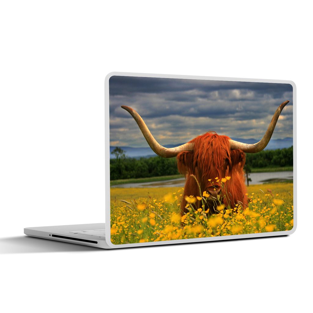 MuchoWow Laptop Aufkleber Sticker Cover Schottischer Highlander - Tiere - Blumen 30x21 cm - Sticker für Laptop - Selbstklebend