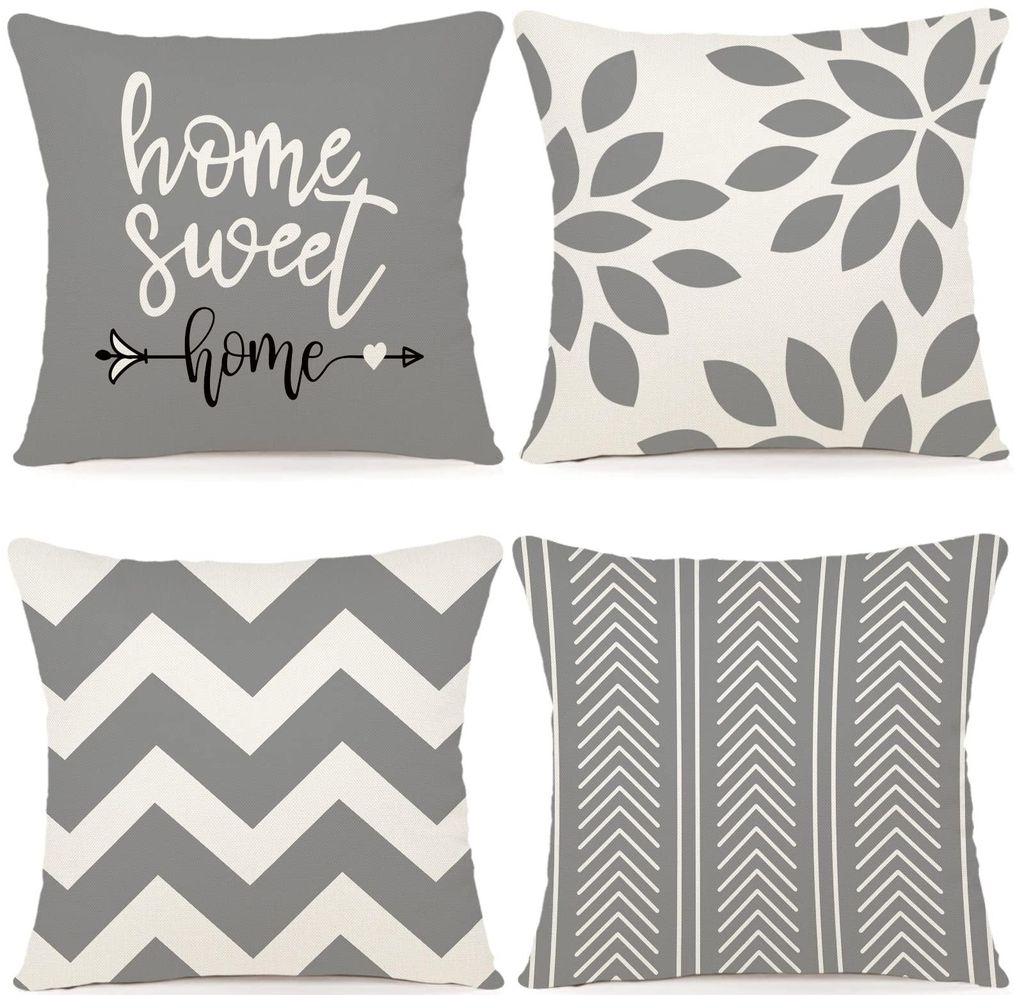 Set mit 4 Leinenkissenbezügen, 40 x 40 cm, dekorative Kissen für den Außenbereich, Schlafzimmer, Sofa, Stuhl, Bett, Garten, grau