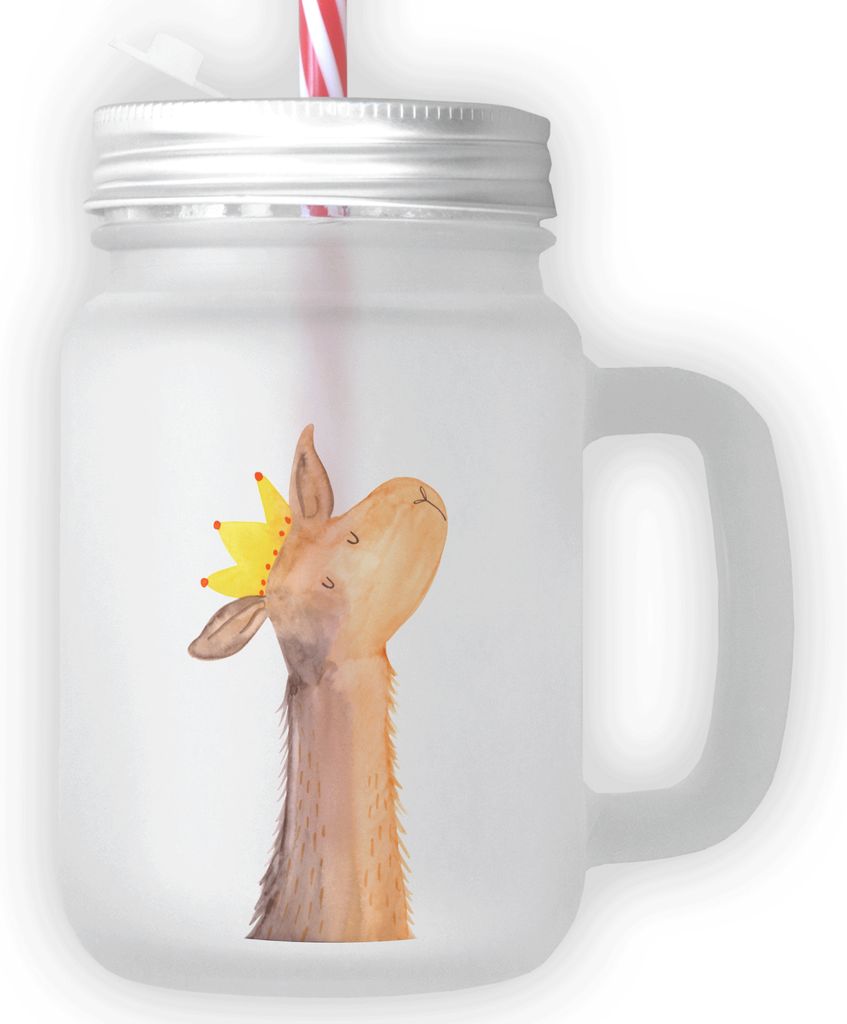 Mr. & Mrs. Panda Glas Lamakopf König - Transparent - Geschenk, Kollegin, Cocktailglas, Freundin, Abitur, Becher mit Strohhalm, Schraubdeckel, Maso...