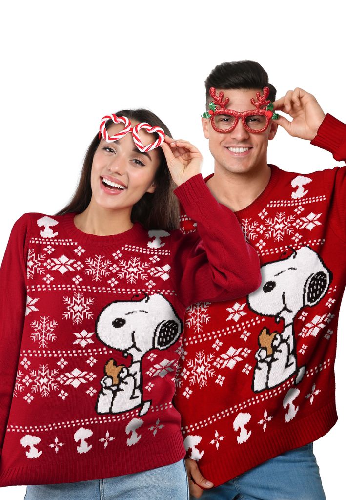 The Peanuts Winterpullover Uni - Snoopy Winter Strick Pullover Sweatshirt Ugly Sweater für Herren & Damen Rot XL