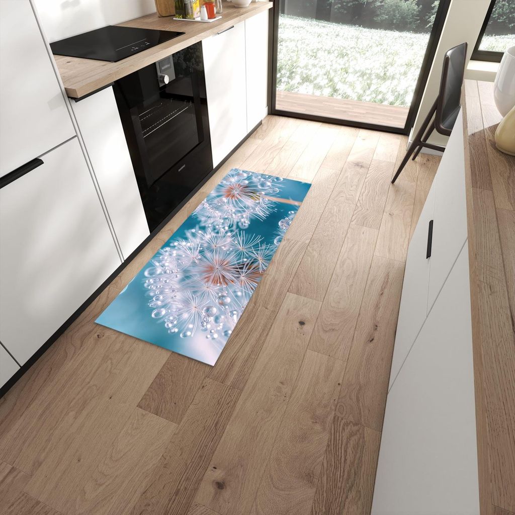 Küchenteppich 60x150cm rutschfest & abwischbar PVC Läufer - Wassertropfen Pusteblume