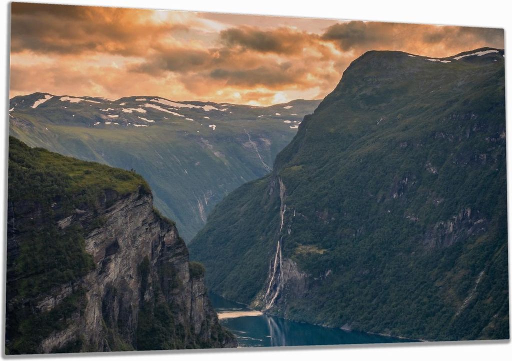Wallario Herdabdeckplatte aus Glas, Größe 80 x 52 cm 1-teilig, Motiv Fjord bei Sonnenuntergang