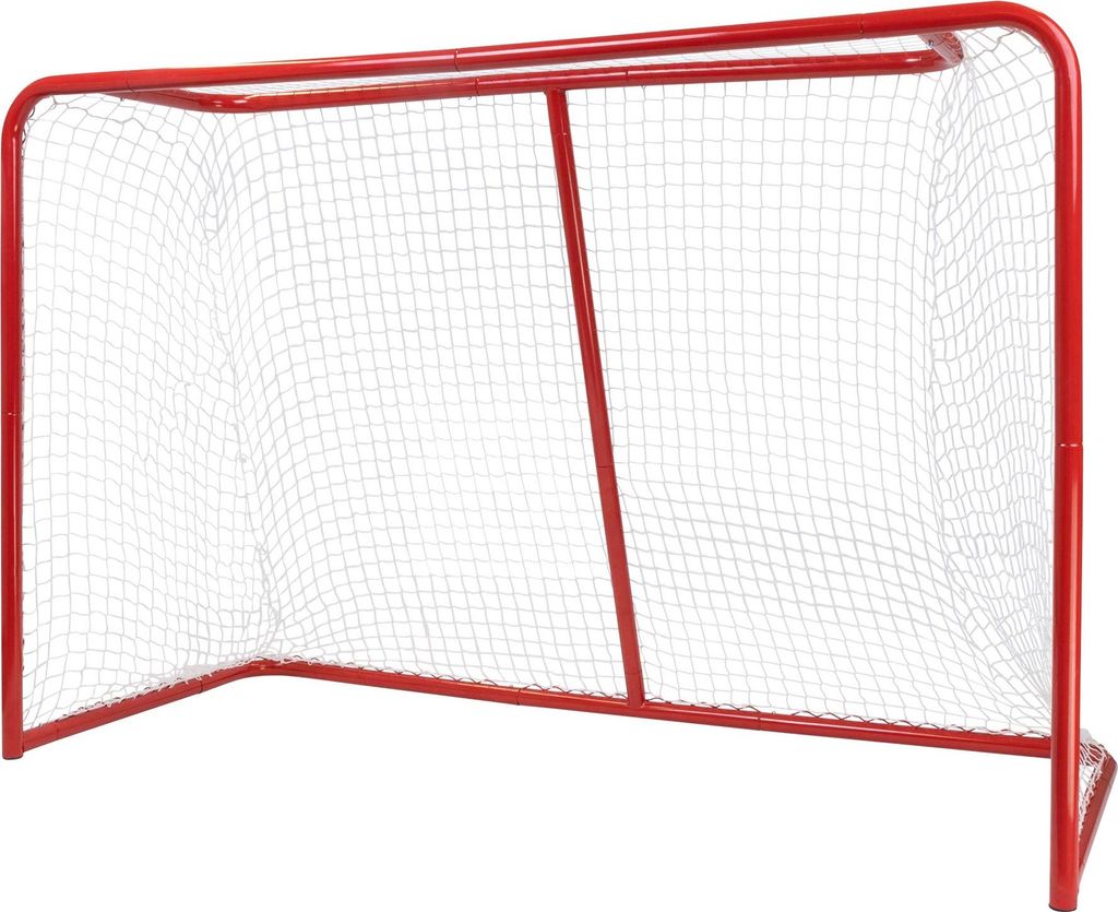 A red hockey goal with a white net, shown from a front-side angle against a white background.