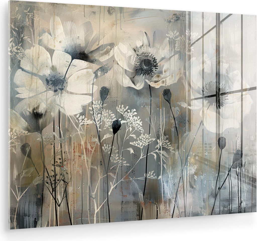 MuchoWow Glasbilder - Bilder auf Wandbild - Foto auf Glas Blumen - Pflanzen - Grau - Abstrakt 40x30 cm Wanddekoration aus Glas - Acrylglasbild - Ac...
