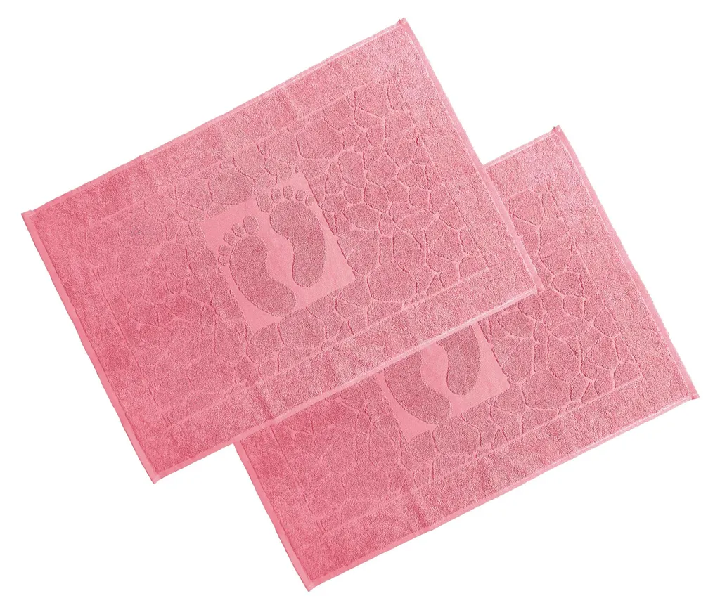 Lot de 2 tapis de bain OGER rose fleuri 50x70 cm en éponge 100% coton