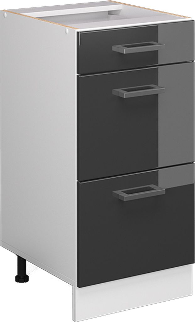 A three-drawer cabinet with a white body and anthracite high-gloss drawer fronts, shown from a three-quarter front angle on a white background.
